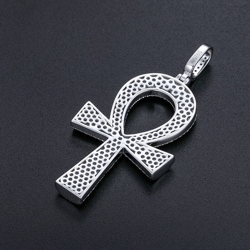 Genuine VVS Diamond Iced Blinged Out Ankh Cross 925 Silver Pendant Chain