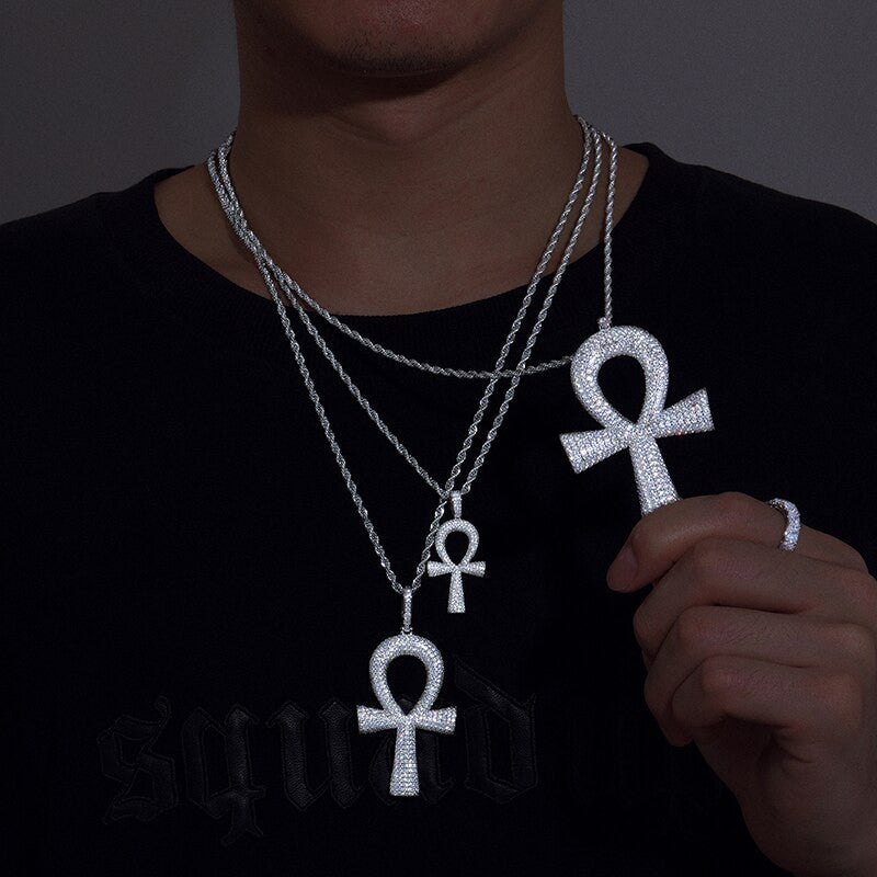 Genuine VVS Diamond Iced Blinged Out Ankh Cross 925 Silver Pendant Chain