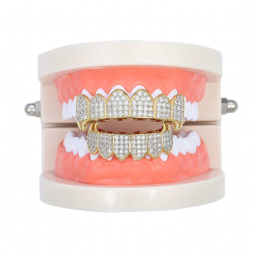 Hip Hop Micro Pave Clustered Stone Iced Out Fang Teeth Grillz Top Bottom Set