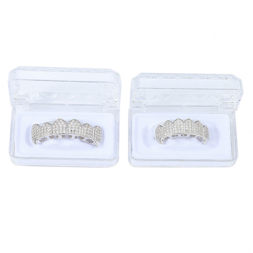 Hip Hop Micro Pave Clustered Stone Iced Out Fang Teeth Grillz Top Bottom Set