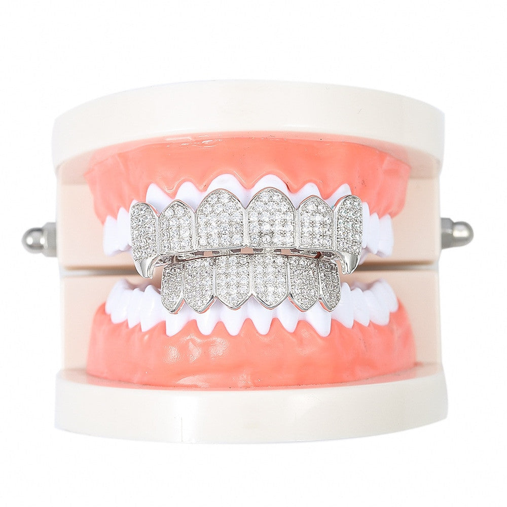 Hip Hop Micro Pave Clustered Stone Iced Out Fang Teeth Grillz Top Bottom Set