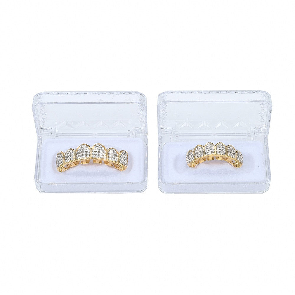 Hip Hop Micro Pave Clustered Stone Iced Out Fang Teeth Grillz Top Bottom Set