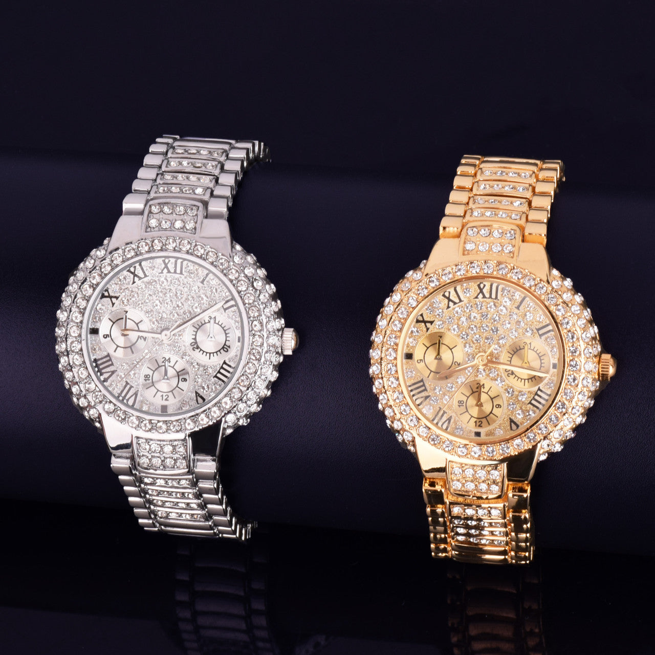Ladies Small Dial Lab Diamond 14k Gold Stainless Steel Bezel Boss Lady Bling Wrist Watch