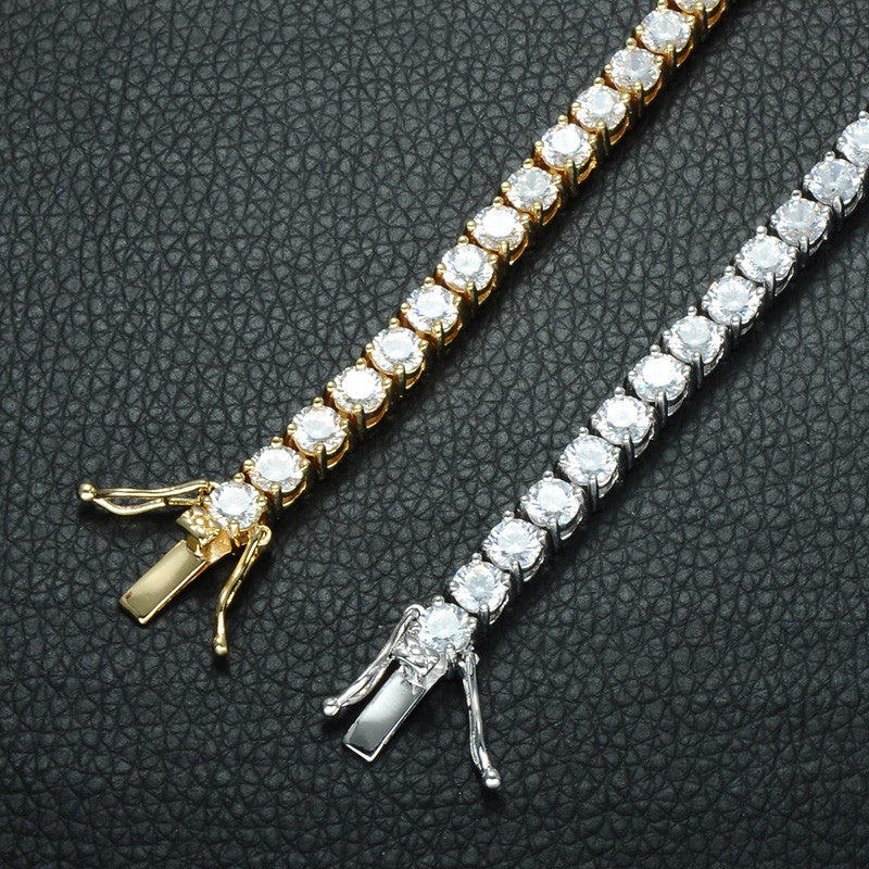 Mens Hip Hop Simulated Diamond 1 Row Tennis Chain Bracelet 14k Gold Silver