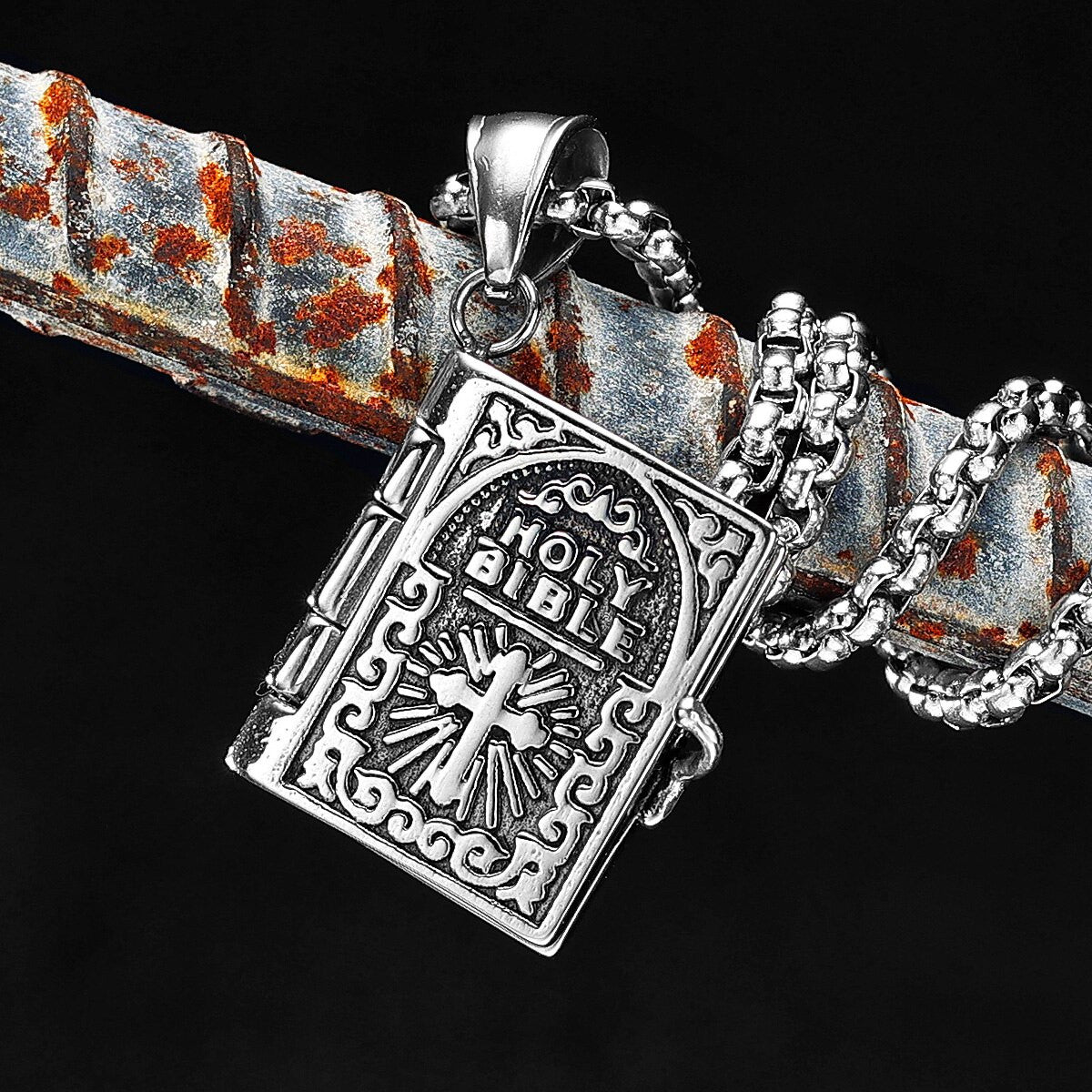 Solid 316L Stainless Steel Opening Bible Lords Prayer Hip Hop Street Wear Pendant