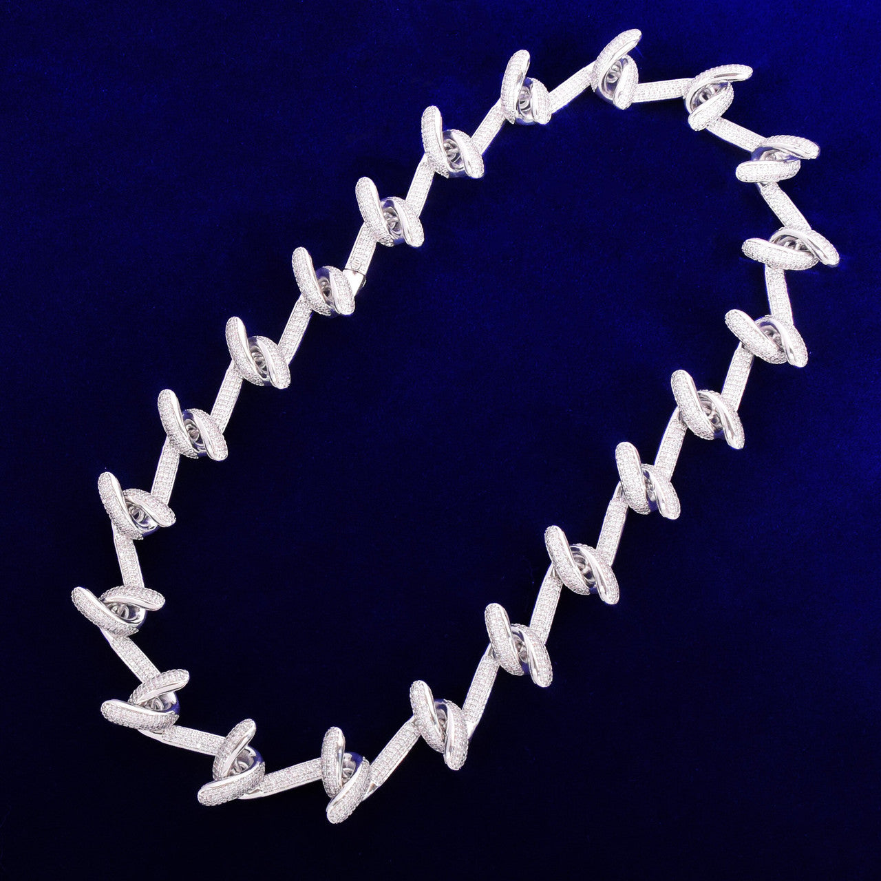 24k 925 Silver Hooked Barbed Wire Flooded Ice AAA Micro Pave Chain Necklace