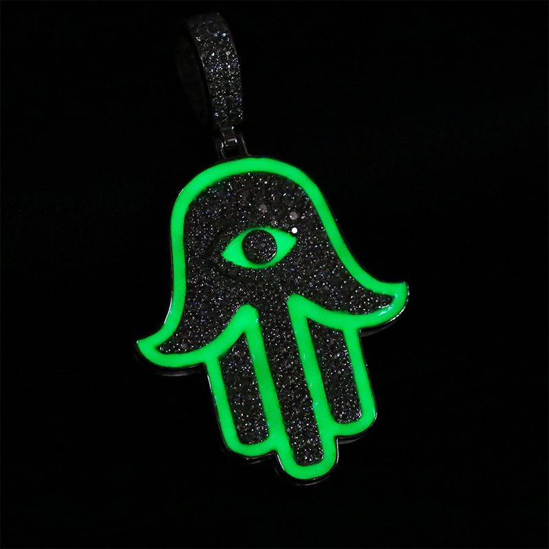 Glow In Dark Ice Genuine VVS Lab Diamond Solid Sterling Silver Hamsa Hand Hip Hop Chain