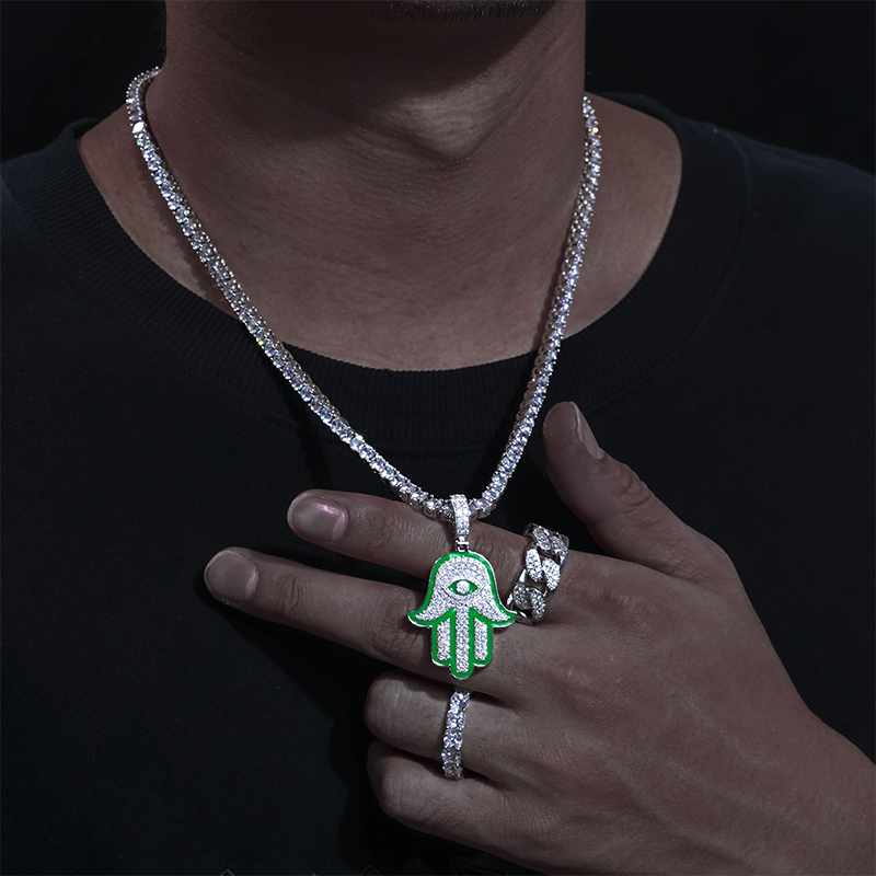 Glow In Dark Ice Genuine VVS Lab Diamond Solid Sterling Silver Hamsa Hand Hip Hop Chain
