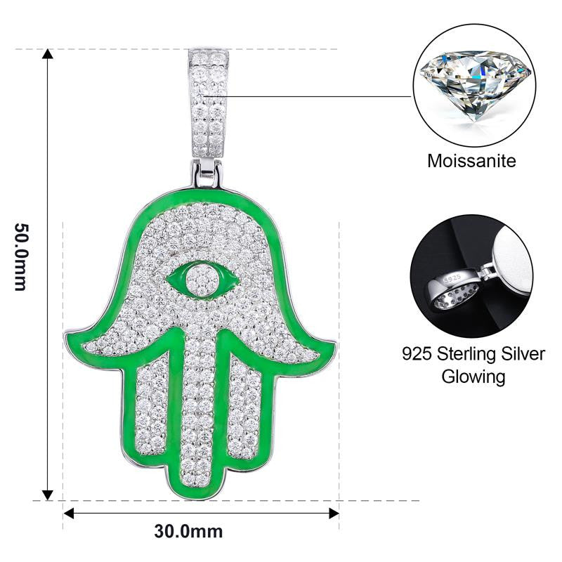 Glow In Dark Ice Genuine VVS Lab Diamond Solid Sterling Silver Hamsa Hand Hip Hop Chain