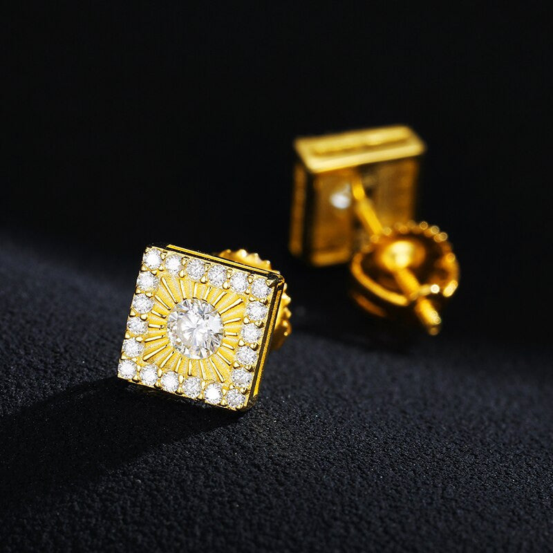 Yellow Gold Boy Square Earrings Square Big Boy VVS Lab Diamond 14k