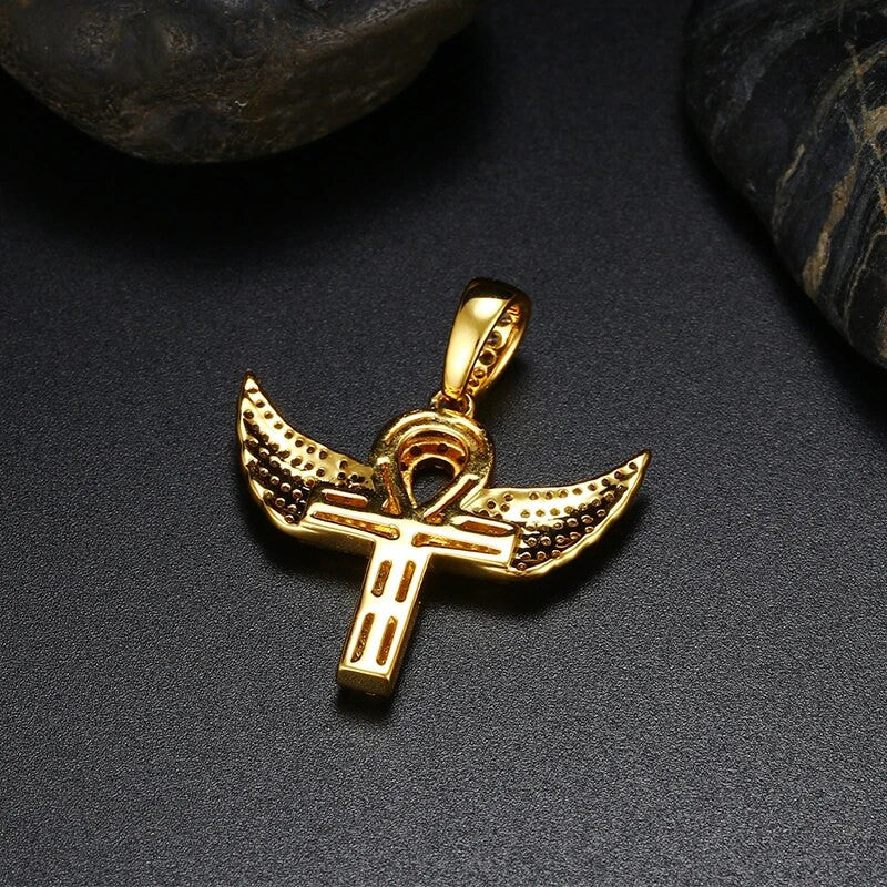 18k Gold 925 Silver Angel Wings Original Ankh Cross Hip Hop Pendant Necklace