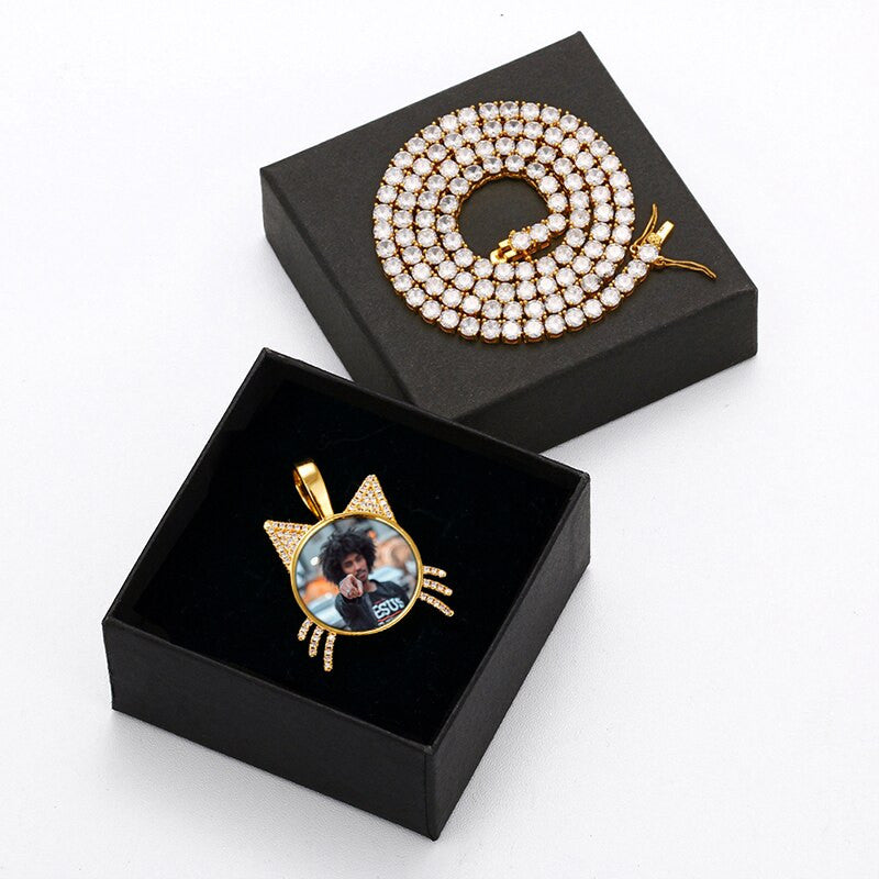 Flooded Ice My Kitty Cat Photo Picture Memory Kitten Cat Shaped Hip Hop Pendant Necklace