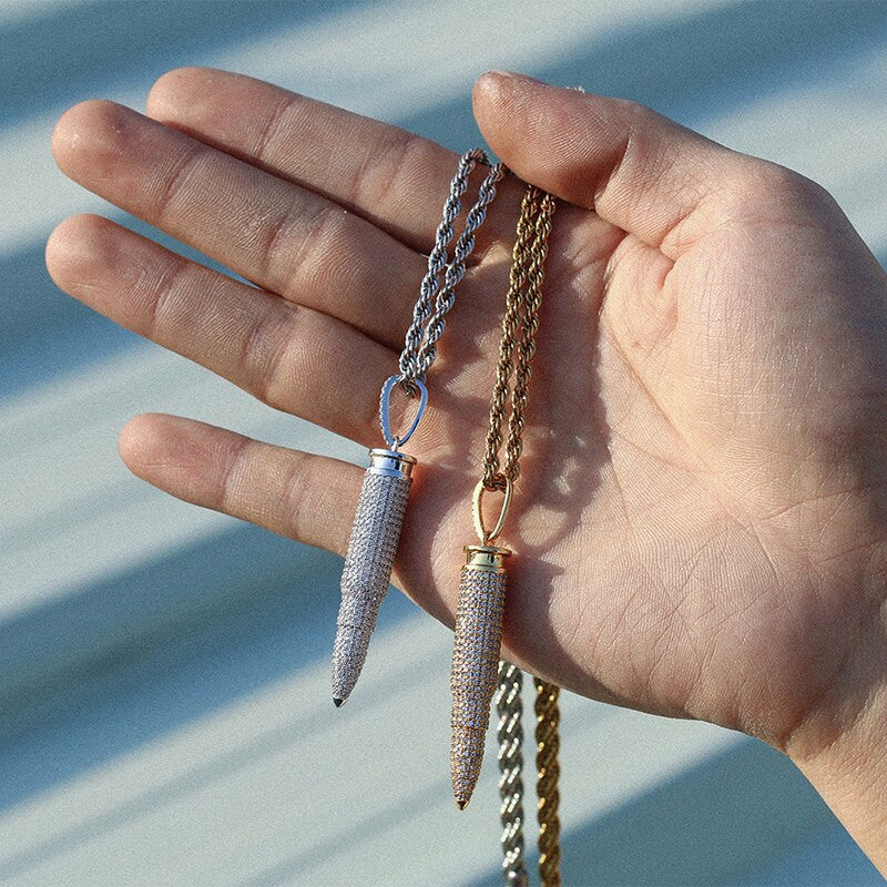 Mens Fully Iced Choppa Bullet Hip Hop Pendant Chain Necklace