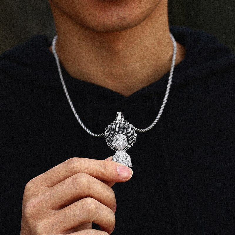 Flooded Ice Boondocks Inspired Huey Hip Hop Pendant Chain Necklace