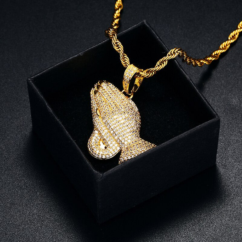 Mens Hip Hop 18k 925 Silver Rose Gold Jesus Hands Of Prayer Pendant Chain Necklace