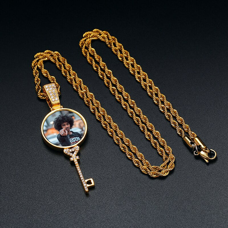 Flooded Iced Blinged Out Key to My Heart Photo Picture Pendant Chain Necklace