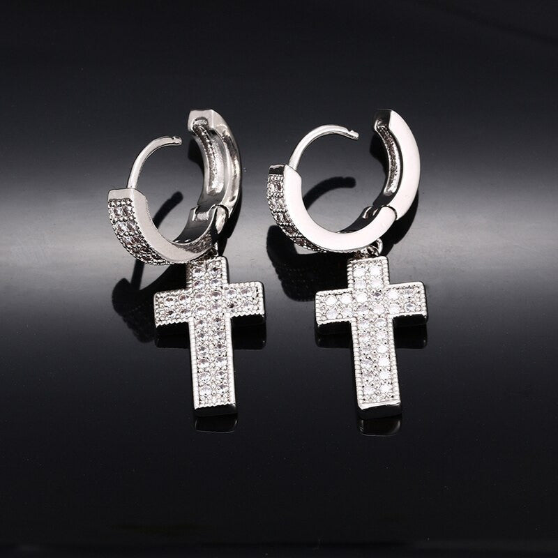 Flooded Ice Double Row Cross Huggie 18k Gold 925 Silver Hip Hop Earrings