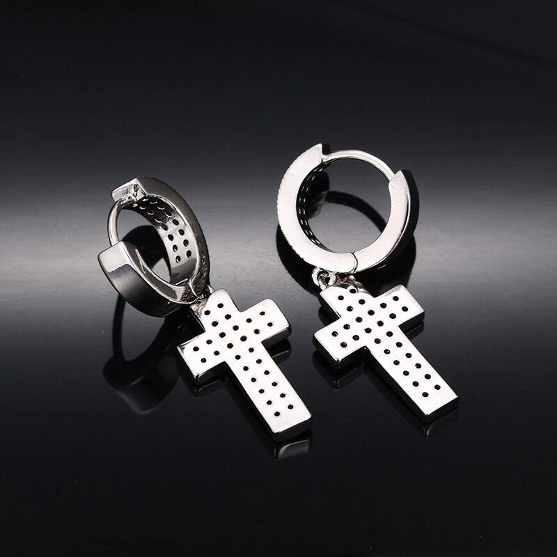 Flooded Ice Double Row Cross Huggie 18k Gold 925 Silver Hip Hop Earrings