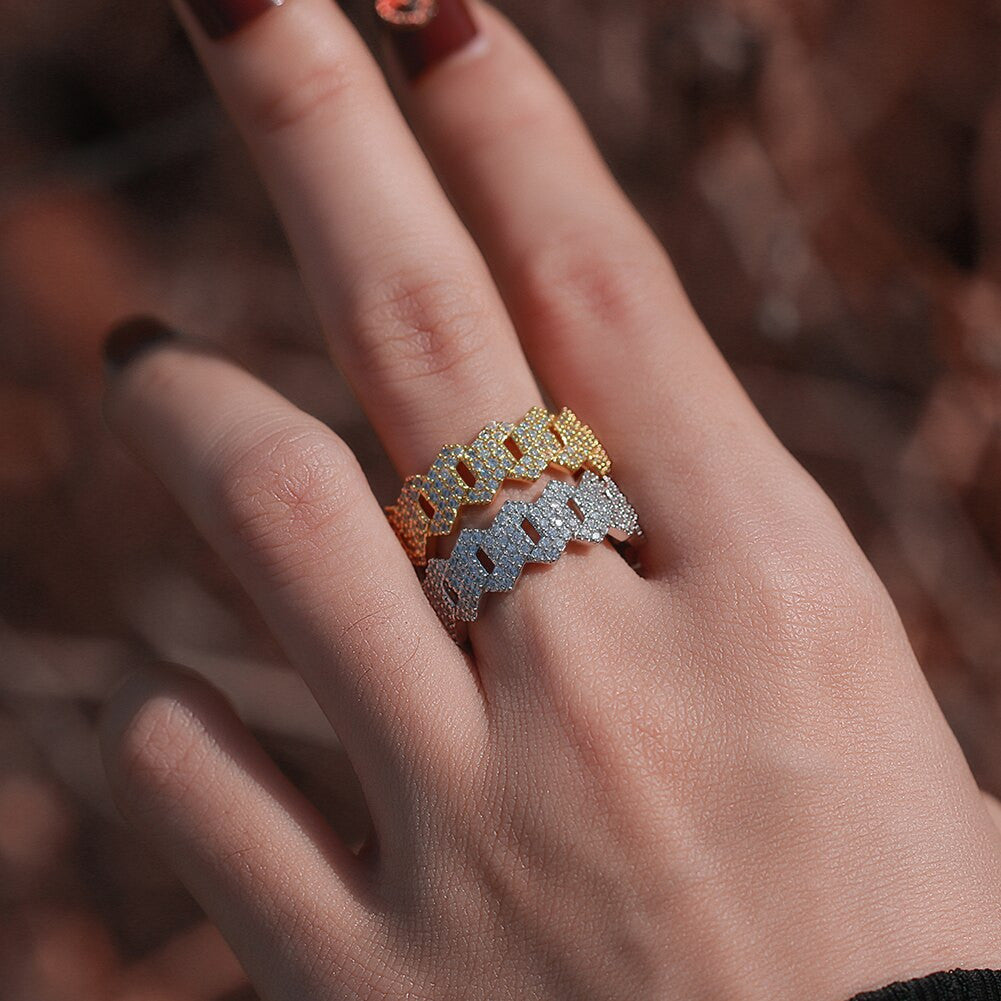 Ladies 18k 925 Silver Rose Gold Cuban Link Design Street Wear Iced Bling Rings