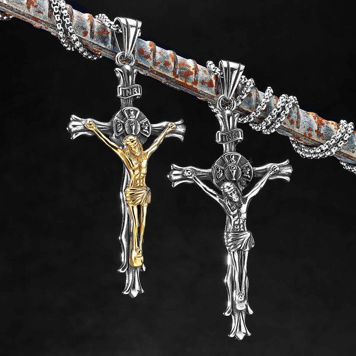 INRI Solid No Fade Solid Stainless Steel Jesus Passion Cross Pendant Chain Necklace