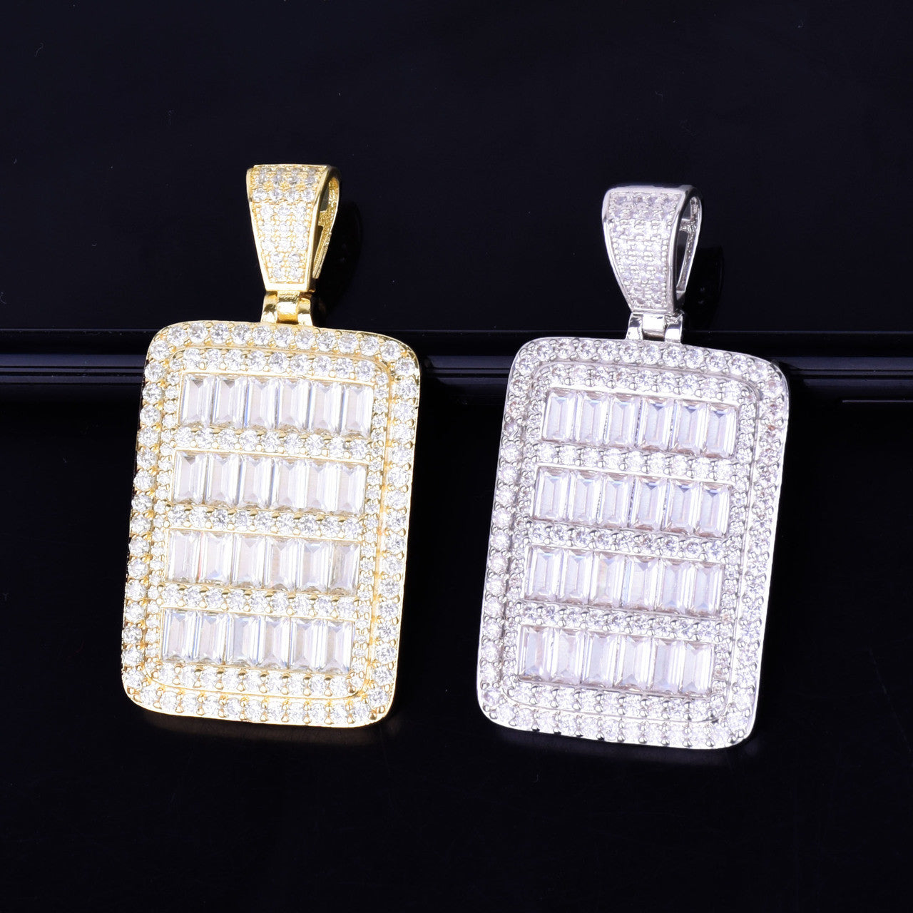 Baguette Stone All Iced Dog Tag 18k Gold Silver Hip Hop Pendant Chain Necklace