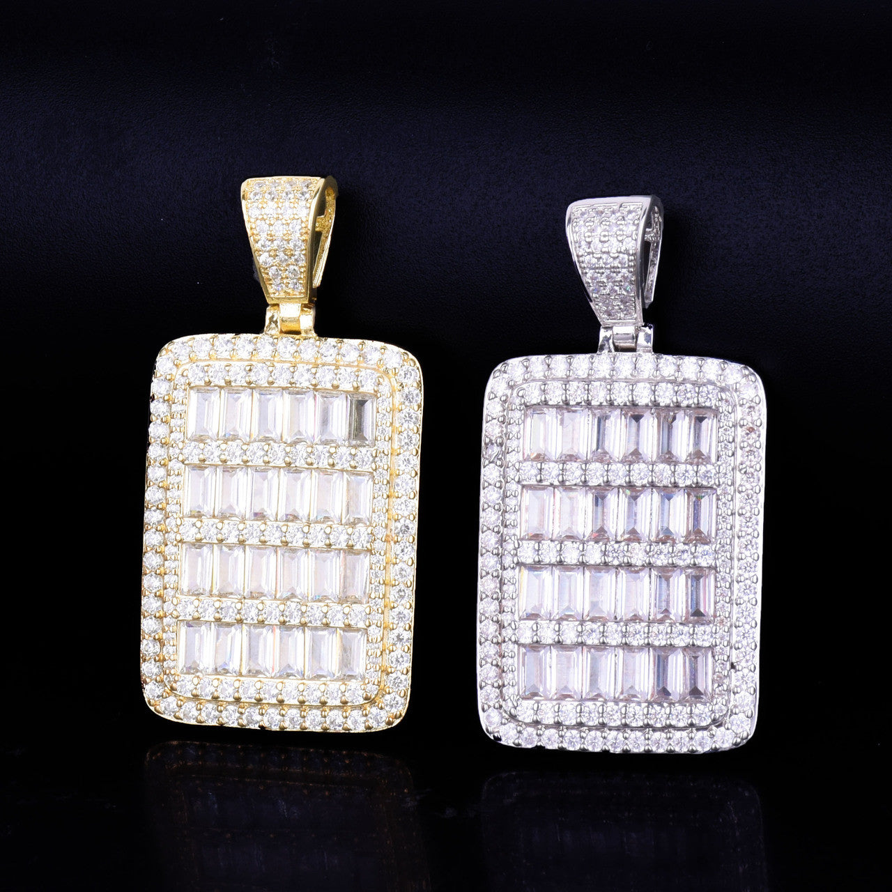 Baguette Stone All Iced Dog Tag 18k Gold Silver Hip Hop Pendant Chain Necklace