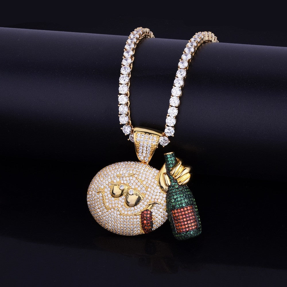 Flooded Ice Micro Pave 18k Gold .925 Silver Drunk Emoji Face Wine Bottle Bling Pendant