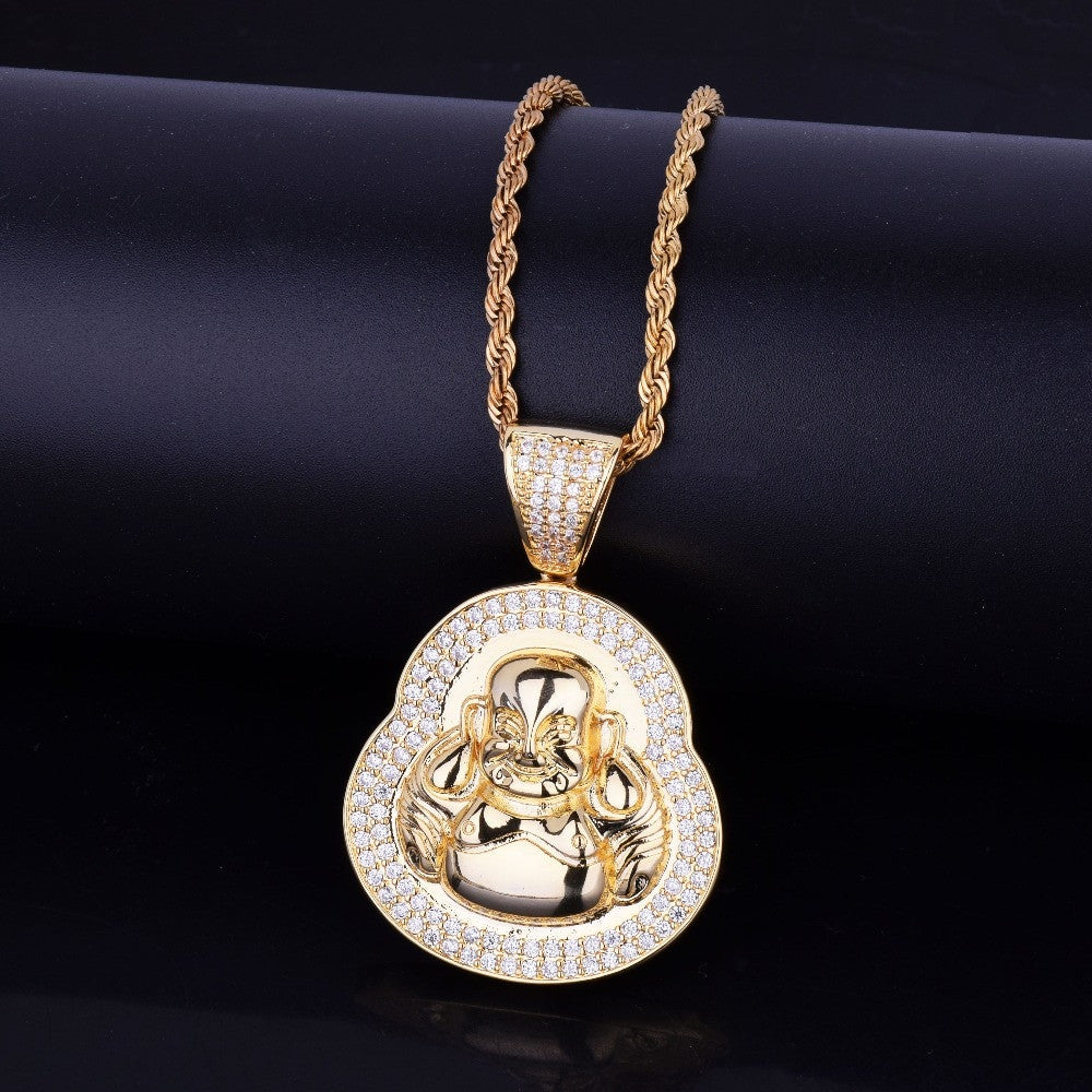18k Gold .925 Silver Designer AAA True Micro Pave Spiritual Buddha Pendant Chain Necklace