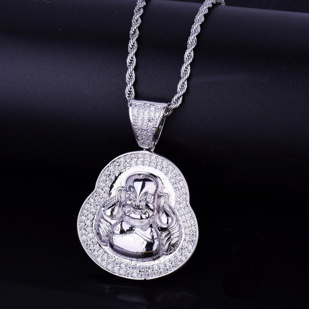 18k Gold .925 Silver Designer AAA True Micro Pave Spiritual Buddha Pendant Chain Necklace