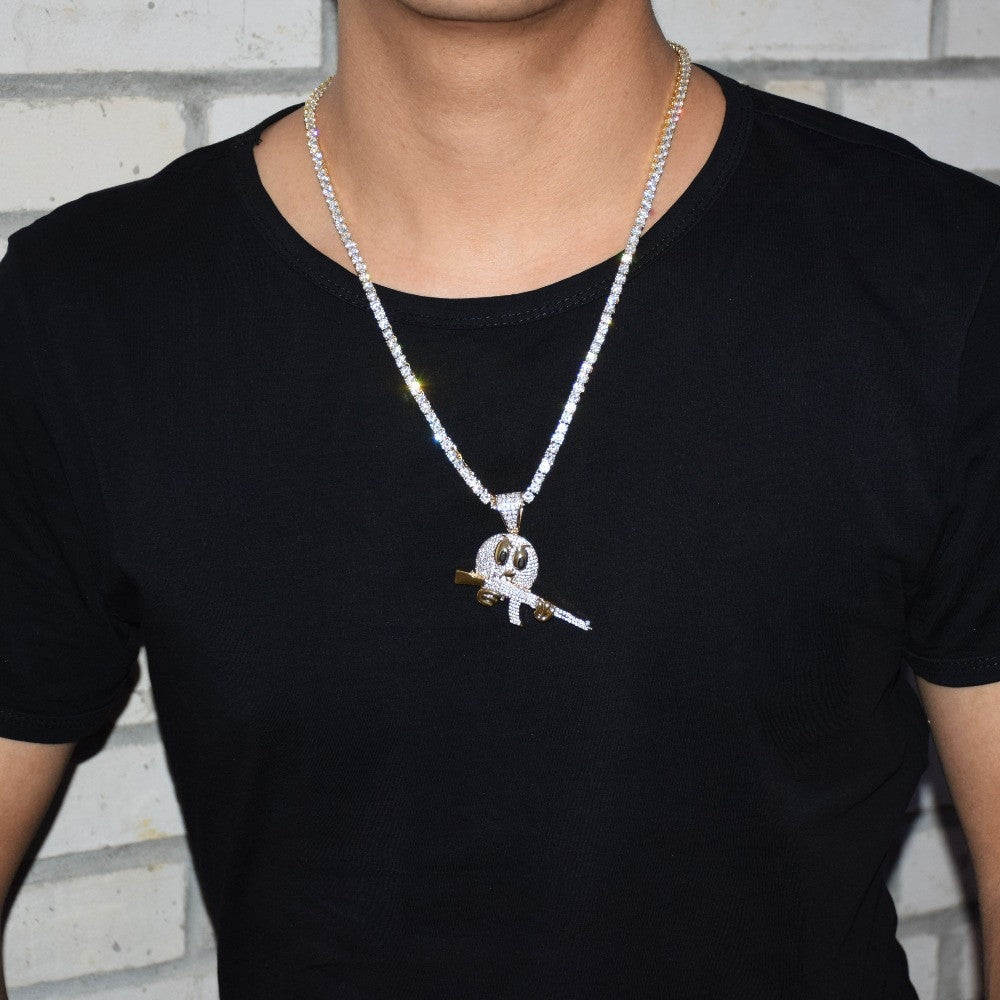 Flooded 1ce 18k Gold .925 Silver Ak47 Emoji Face AAA True Micro Pave Gun Pendant Chain Necklace