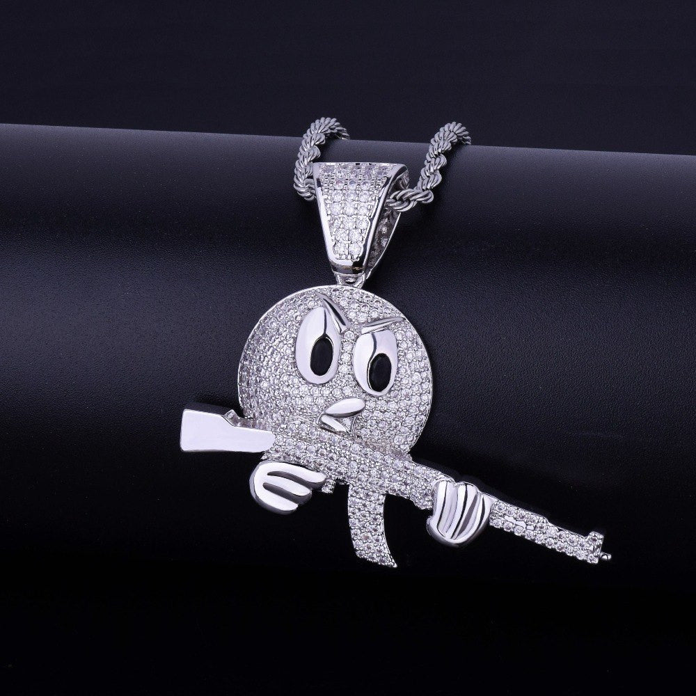 .925 Silver Ak47 Toting Angry Emoji Pendant