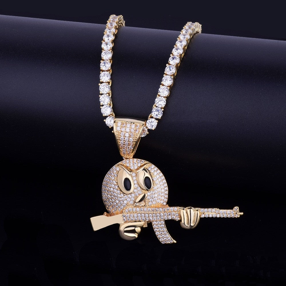 18k Gold Ak47 Wielding Angry Emoji Chain Necklace