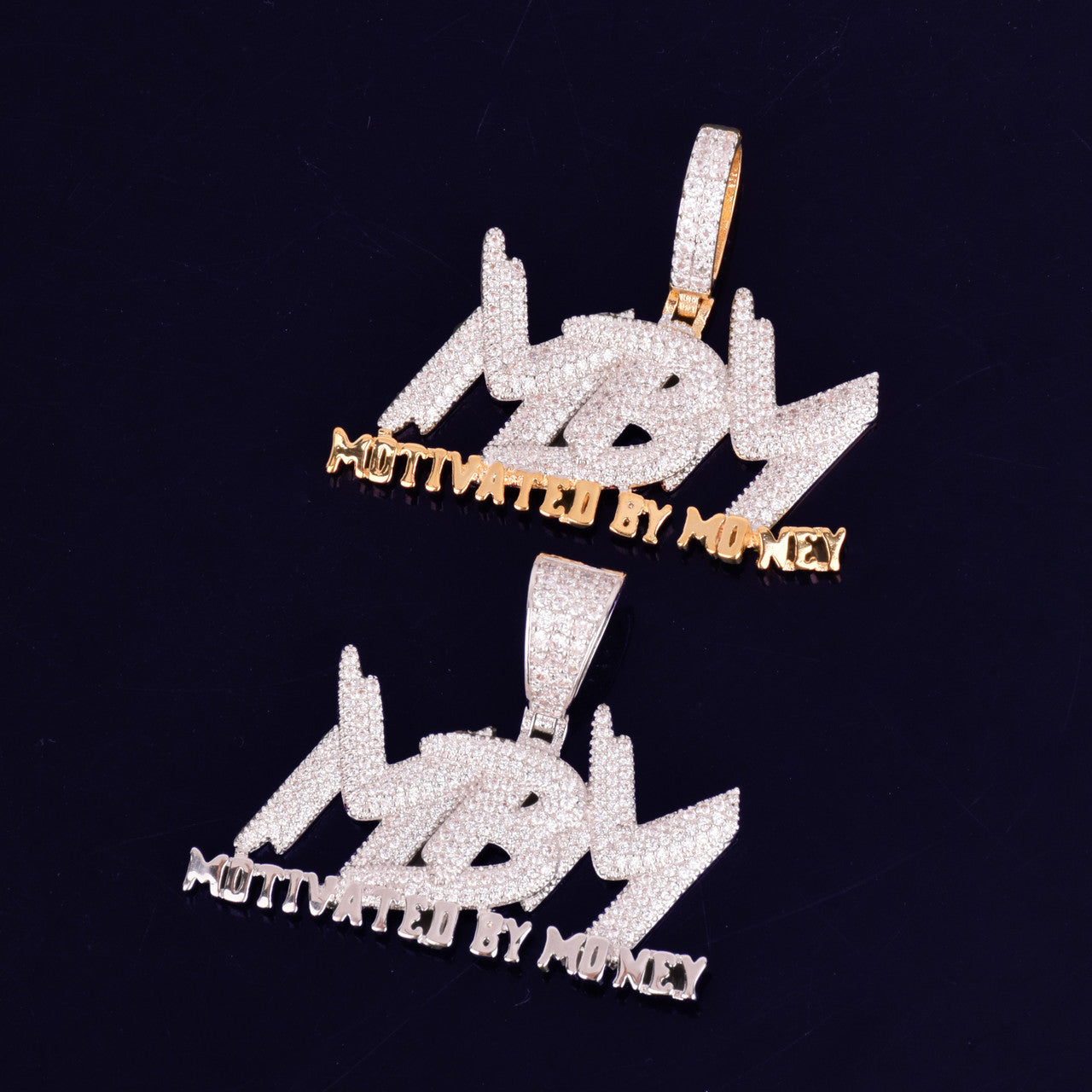 AAA True Micro Pave Motivated By Money Flooded Ice MBM 18k Gold Pendant Chain