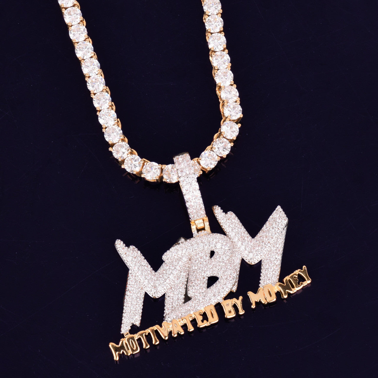 AAA True Micro Pave Motivated By Money Flooded Ice MBM 18k Gold Pendant Chain