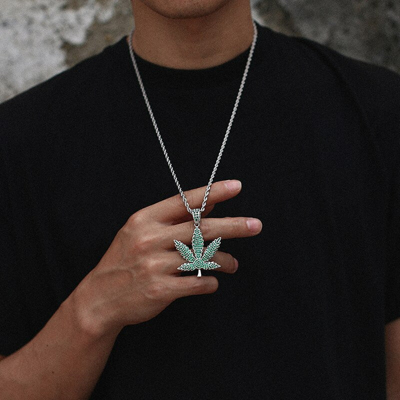 Flooded Ice Green Colorful Stone Iced Blinged Out Weed Leaf Hip Hop Pendant Chain Necklace