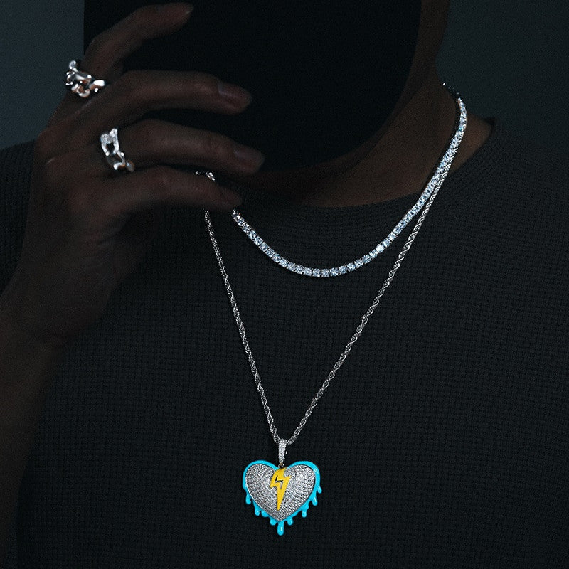 Genuine VVS Diamond Stone Solid 925 Silver Glowing Heart Hip Hop Pendant Chain