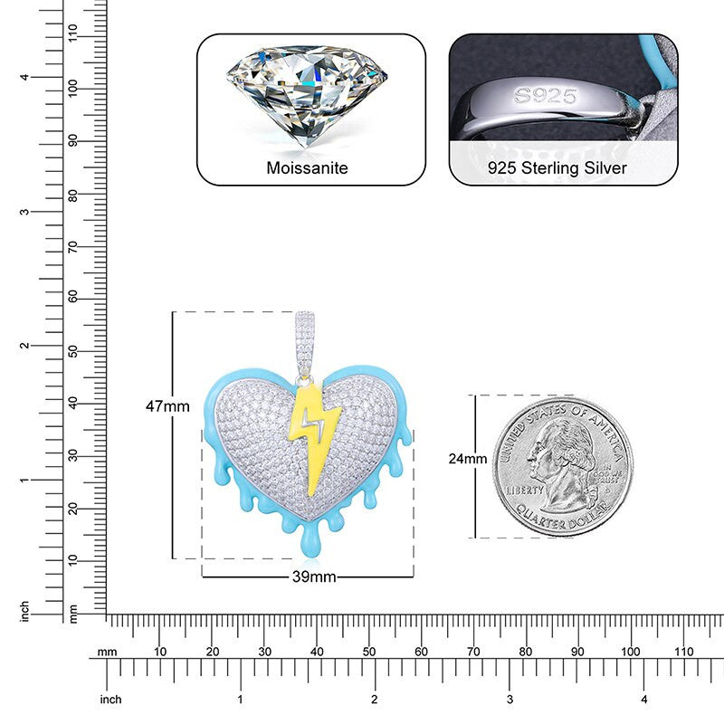 Genuine VVS Diamond Stone Solid 925 Silver Glowing Heart Hip Hop Pendant Chain