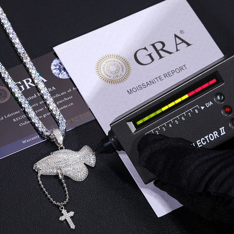 Iced Prayer Hands Rosary Beads Genuine VVS Lab Diamond Solid Sterling Silver Hip Hop Chain