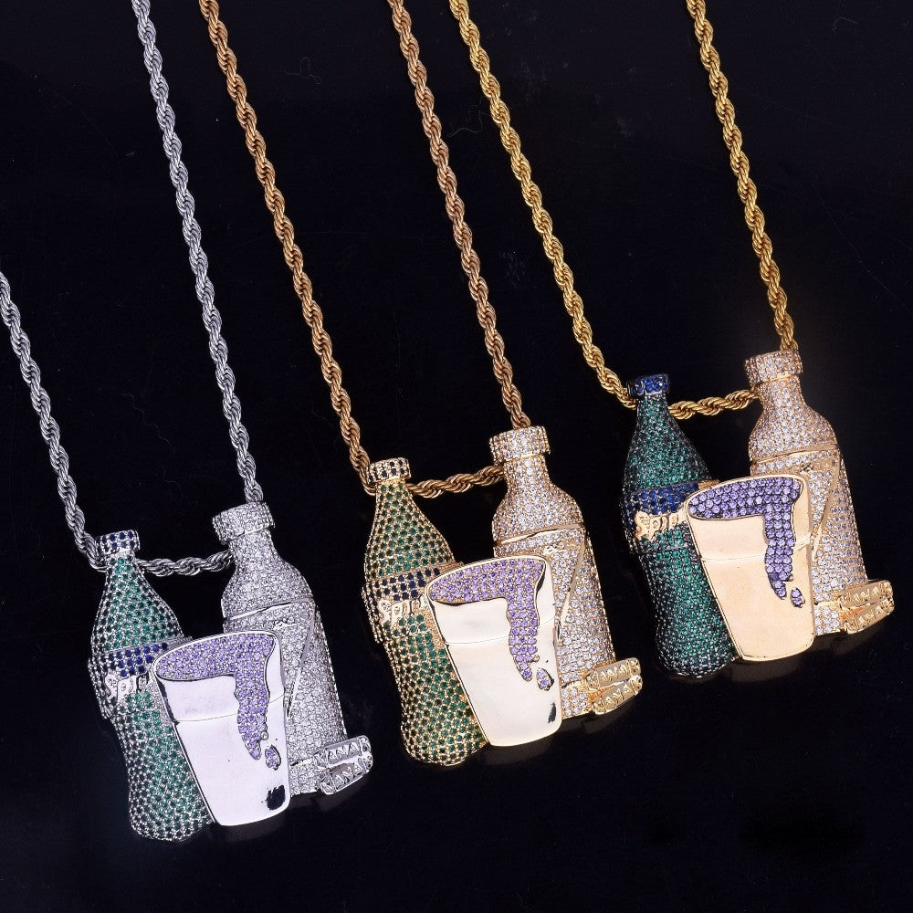 Hip Hop 18k Gold .925 Silver Sprite Bottle Purple Cup Combo Pendant Chain Necklace