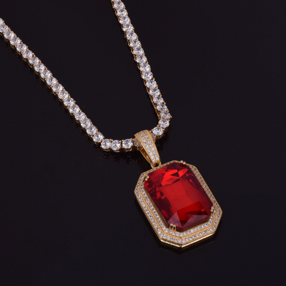 Flooded Ice Ruby Red Gemstone Hip Hop Pendant With 4mm Tennis Chain Necklace