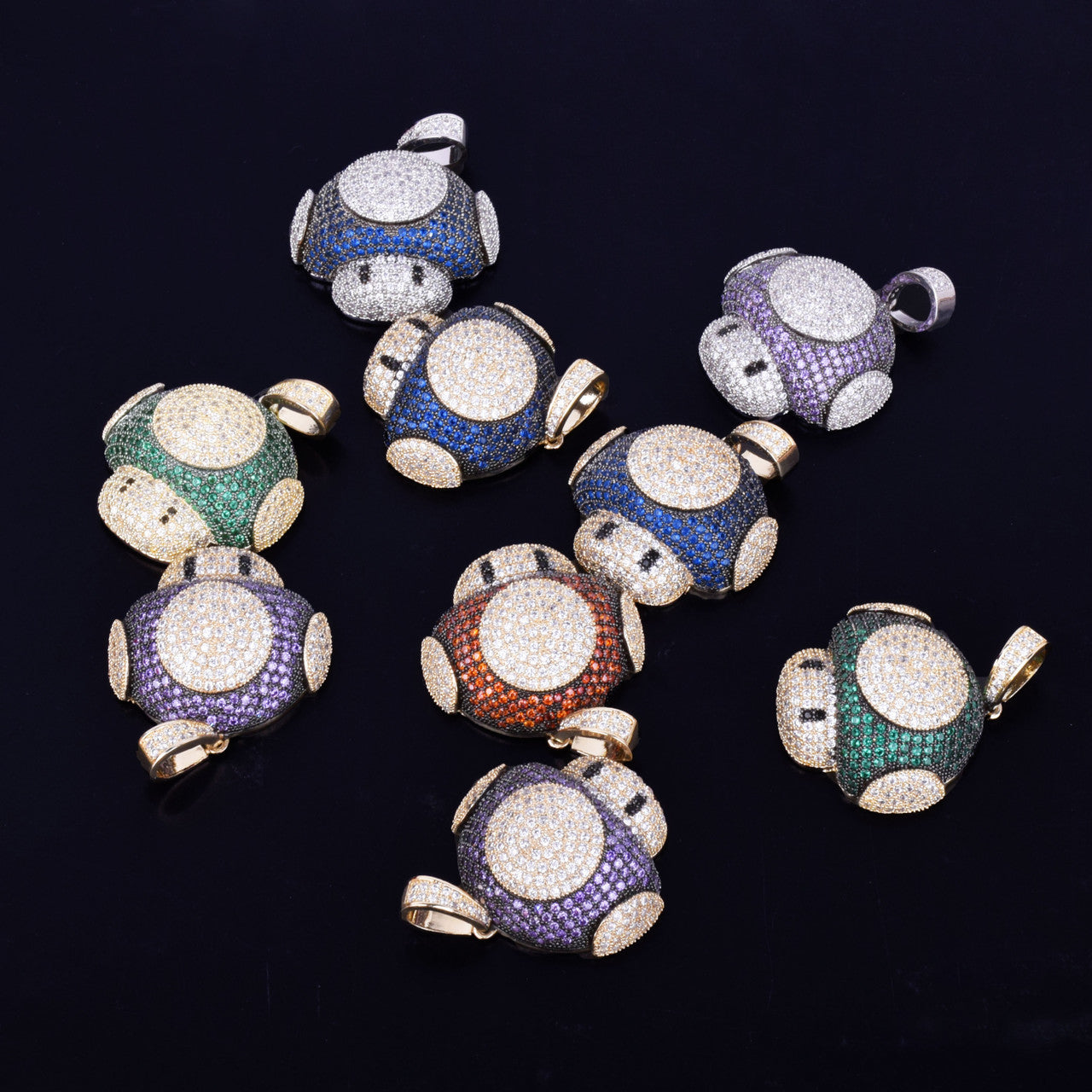 Mario Mushroom AAA True Micro Pave 18k Gold .925 Silver Bling Bling Chain Pendant Necklace