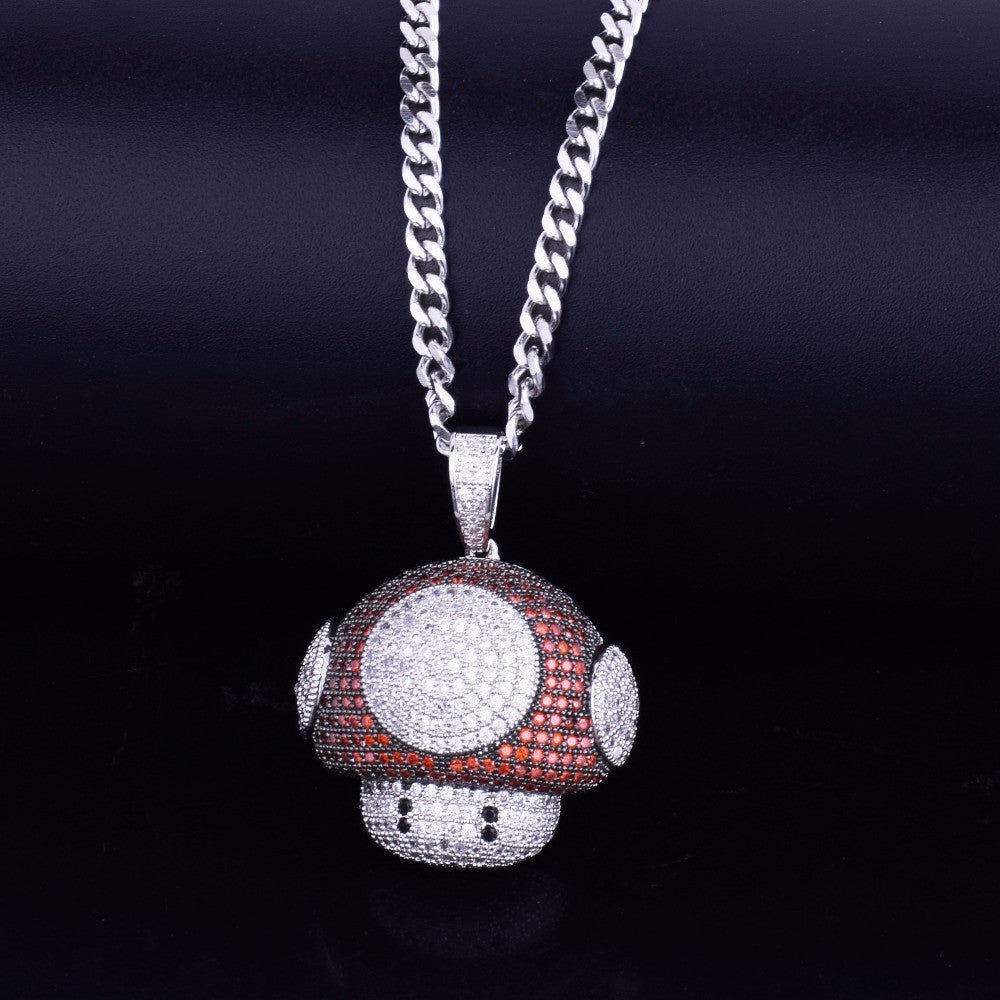 Mario Mushroom AAA True Micro Pave 18k Gold .925 Silver Bling Bling Chain Pendant Necklace