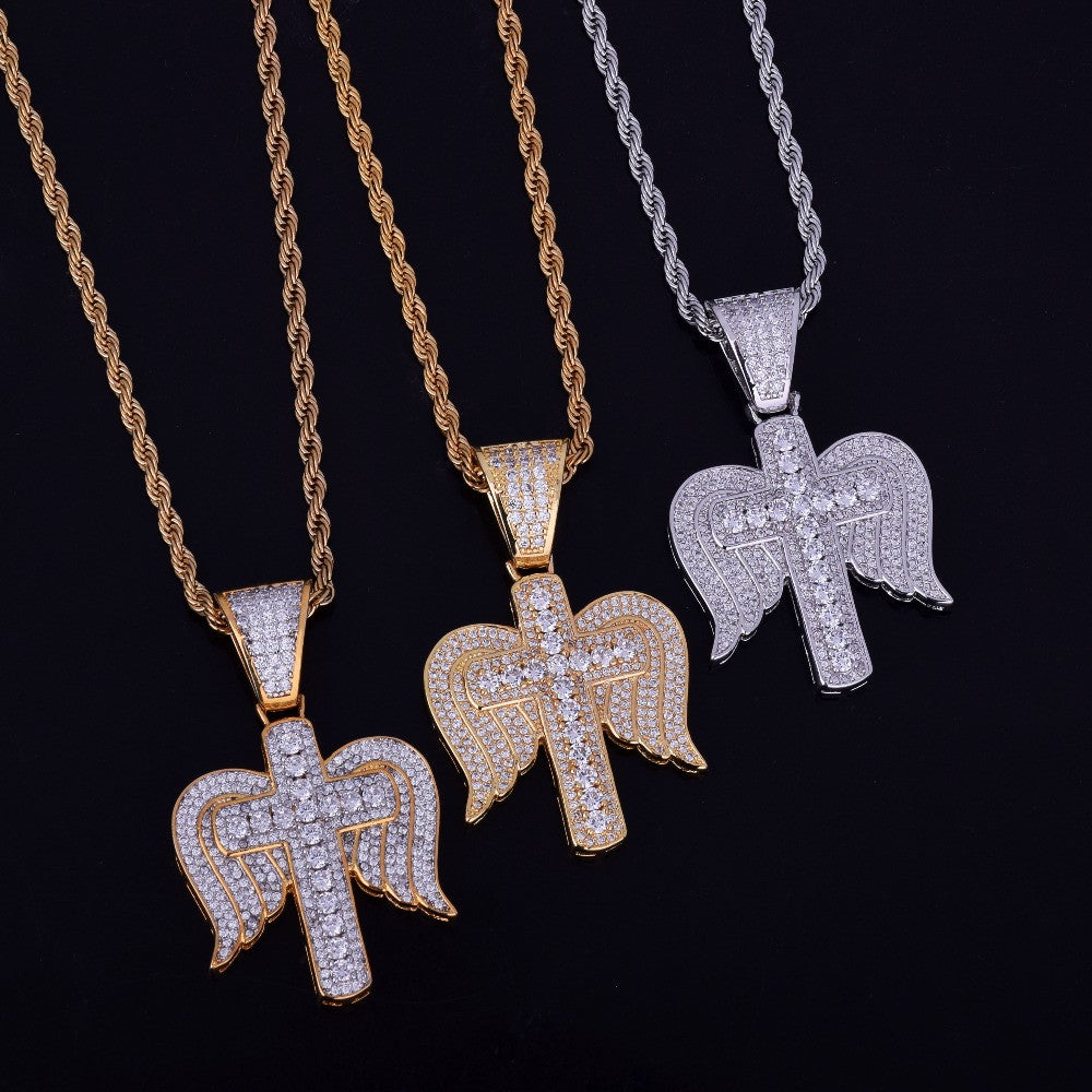 .925 Silver Cross Angel Wings Hip Hop Chain Necklaces
