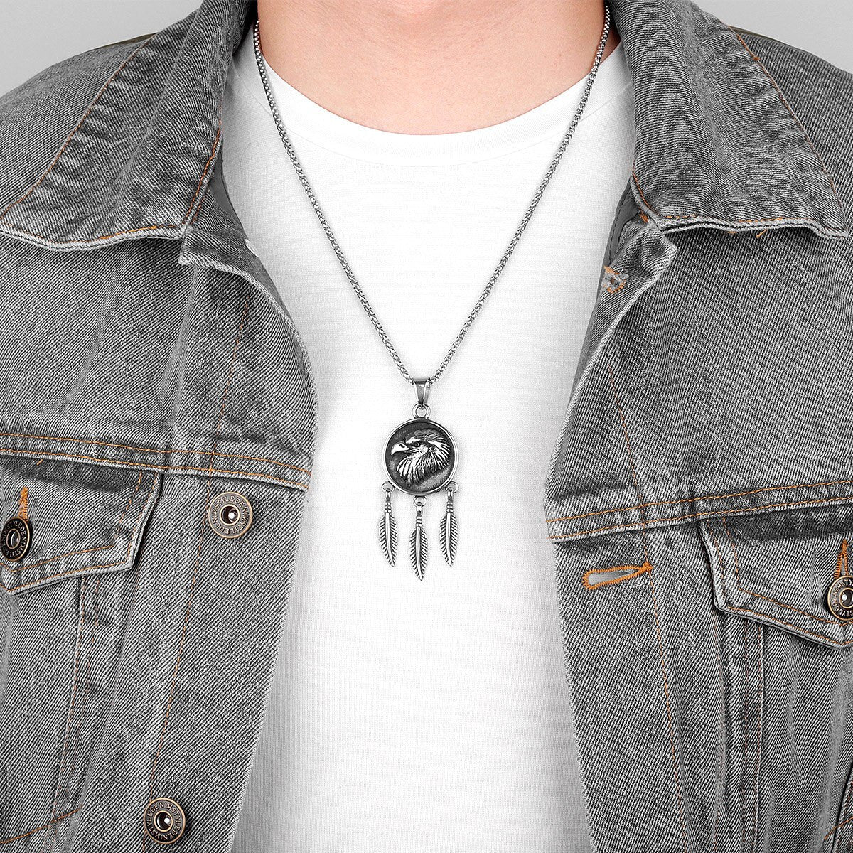 Native Of America Tribal No Fade Stainless Steel Eagle Feathers Pendant Chain Necklace