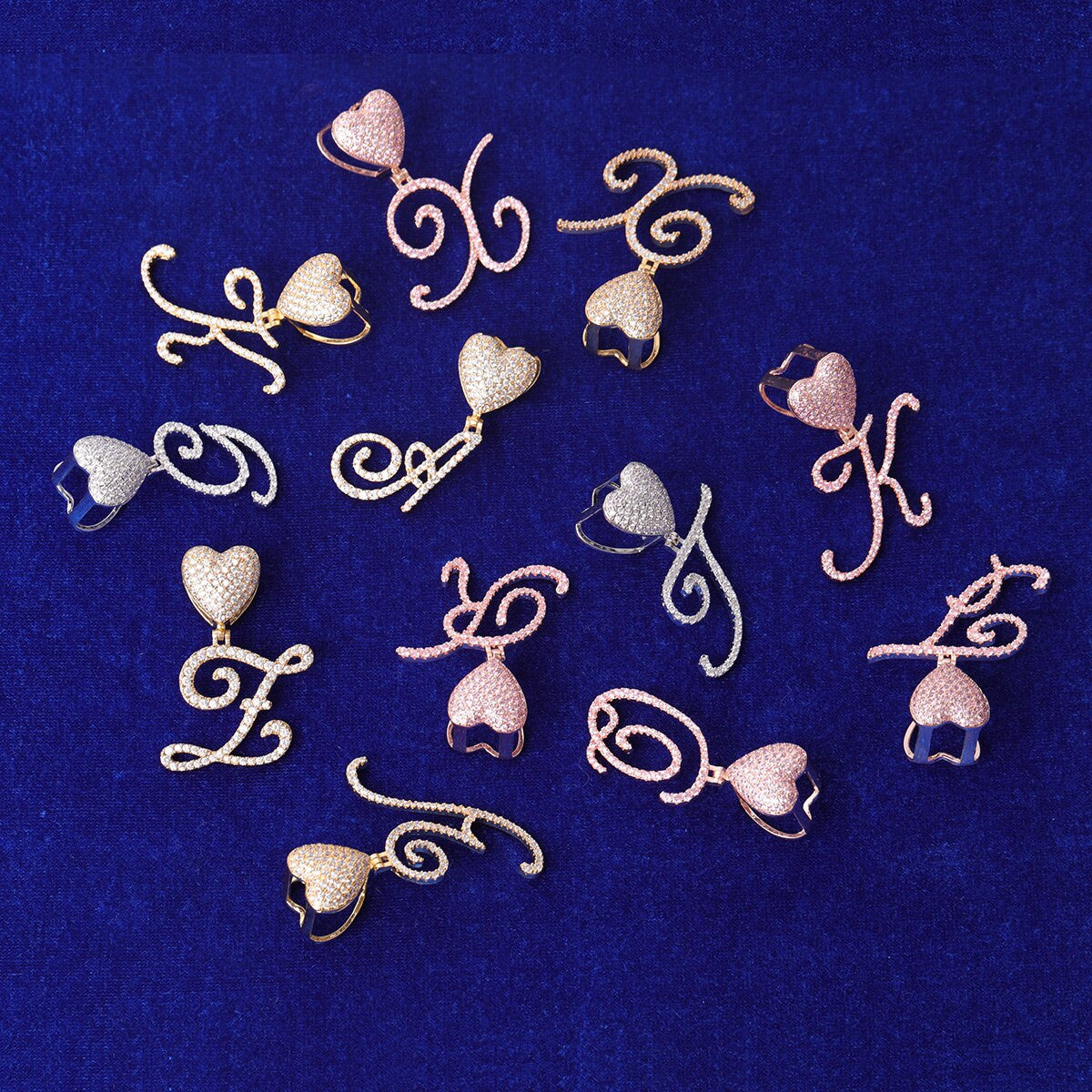 Ladies Bling Fashion Heart Custom Cursive Letter Initial Bling Necklaces