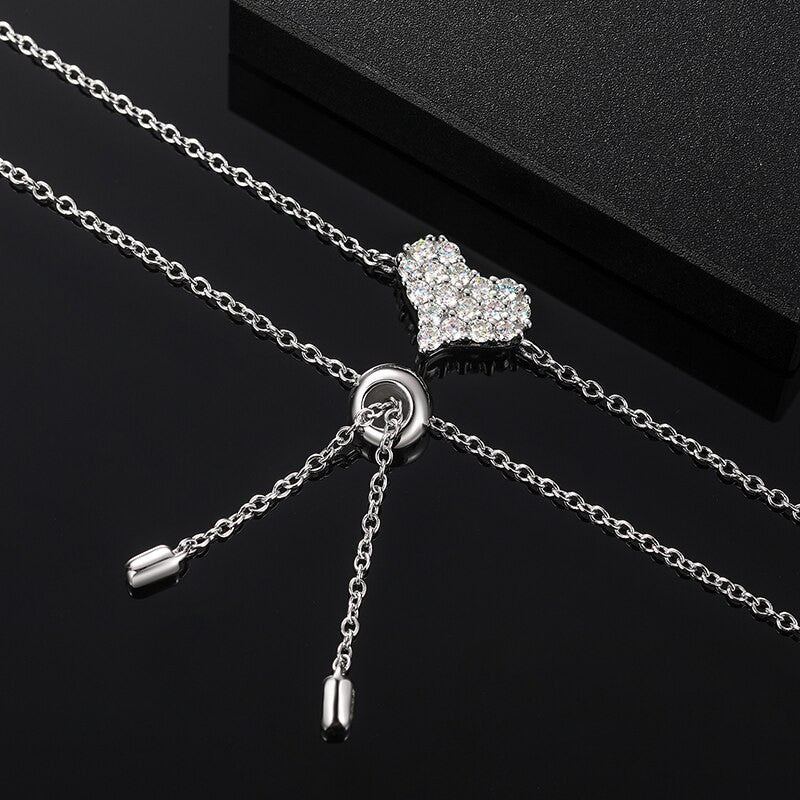 925 Solid Sterling Silver D Color VVS Diamond Adjustable Heart Chain Bracelet
