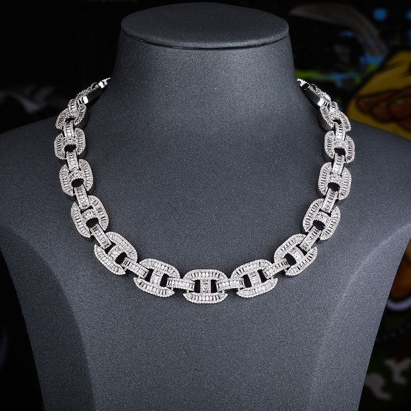 Key Lock 15mm AAA Baguette Stone Designer Gold Silver Rose Cuban Link Chain Necklace