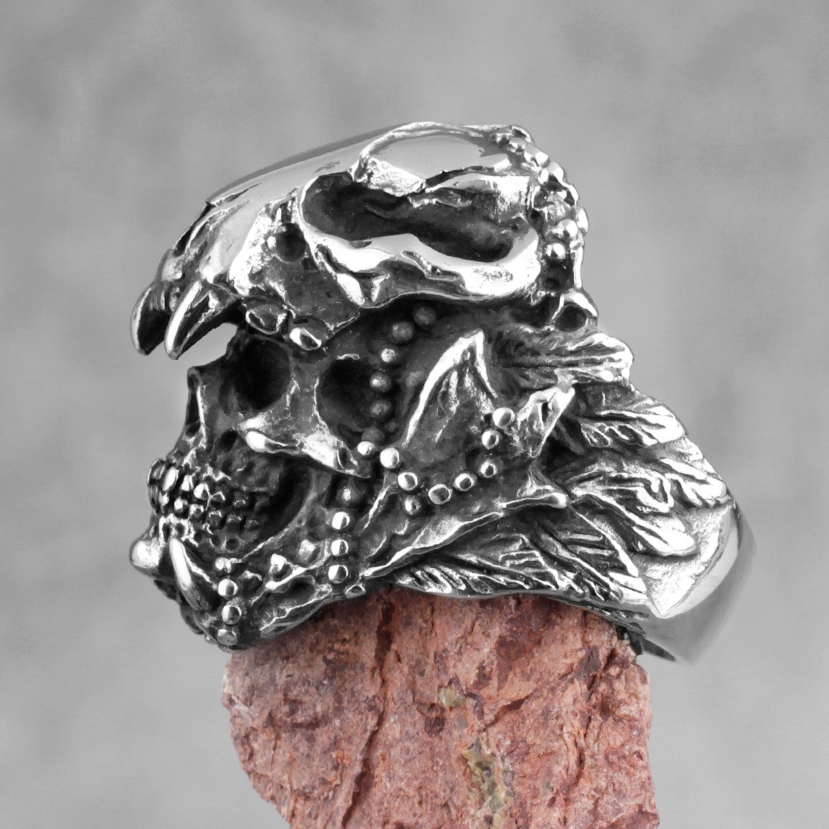 Mens No Fade Stainless Steel Jaguar Warrior Skull Vintage Street Wear Rings