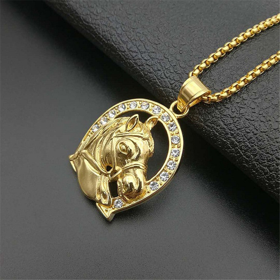 Lucky Horseshoe Horse 18k Gold Stainless Steel No Fade Pendant Chain Necklace