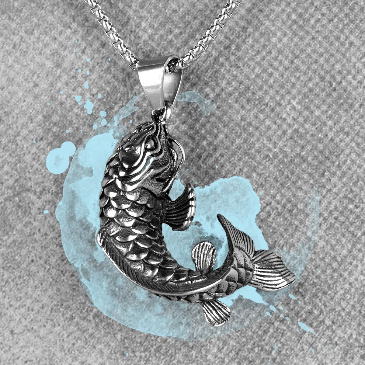 Mens Good Luck No Fade Stainless Steel Koi Fish Pendant Chain Necklace